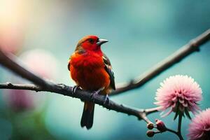 a red bird sits on a branch with pink flowers. AI-Generated photo