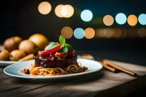 un plato de espaguetis y carne en un de madera mesa. generado por ai foto