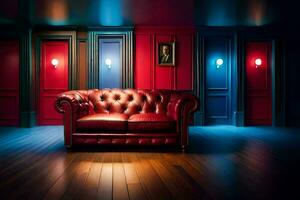 a red leather couch in a room with blue walls. AI-Generated photo