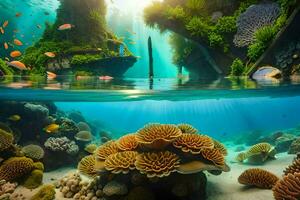 an underwater scene with coral reefs and fish. AI-Generated photo