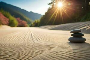 a stack of stones on the sand in front of a mountain. AI-Generated photo