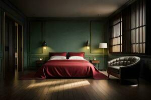 a bedroom with dark green walls and a bed. AI-Generated photo