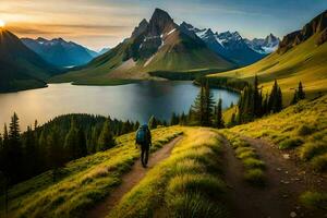 un persona camina a lo largo un camino en el montañas a puesta de sol. generado por ai foto