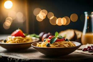 pasta con bayas y bayas en un de madera mesa. generado por ai foto