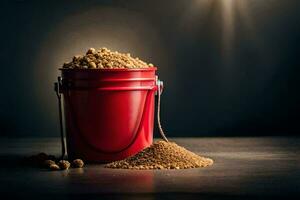 a bucket filled with sugar on a dark table. AI-Generated photo