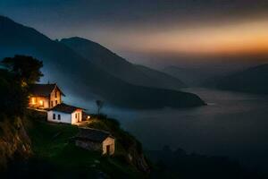 a small house sits on the edge of a cliff overlooking a lake. AI-Generated photo