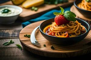 spaghetti with tomato sauce and basil leaves in a bowl. AI-Generated photo