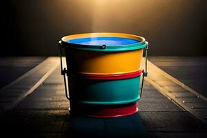 a colorful bucket sitting on a table. AI-Generated photo