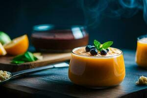 two glasses of orange juice with blueberries and mint. AI-Generated photo