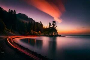 a long exposure photograph of a road and a lake at sunset. AI-Generated photo