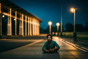 a man sitting on the ground in front of a building at night. AI-Generated photo