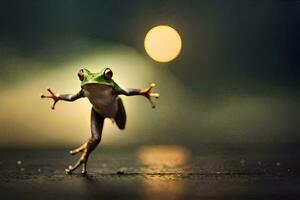 a frog jumping in the air with its legs spread. AI-Generated photo