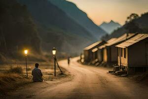 a man sits on the side of a road in the middle of a village. AI-Generated photo