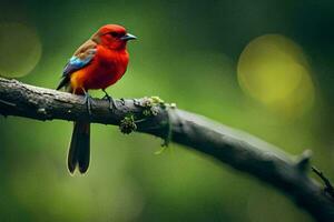 a red bird sitting on a branch. AI-Generated photo