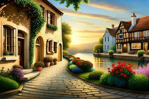 a painting of a street with houses and flowers. AI-Generated photo