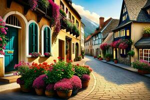 a street with flowers and potted plants in pots. AI-Generated photo