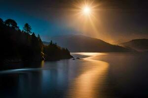 the moon shines brightly over a lake and mountains. AI-Generated photo