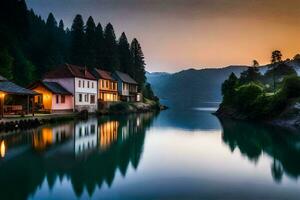 a lake and houses in the mountains at sunset. AI-Generated photo