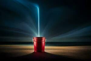 a red bucket with a light coming out of it. AI-Generated photo