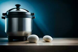 an electric pressure cooker with two eggs on a table. AI-Generated photo