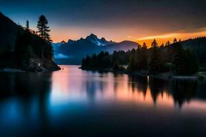 un hermosa puesta de sol terminado un lago con arboles y montañas. generado por ai foto