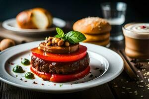 un plato con un hamburguesa, tomate y otro ingredientes. generado por ai foto