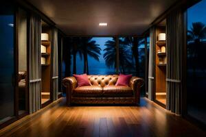 a leather couch in a room with a view of the ocean. AI-Generated photo