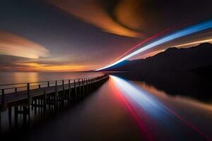 a long exposure photo of a dock with a light trail. AI-Generated