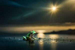 un rana sentado en el playa a noche. generado por ai foto