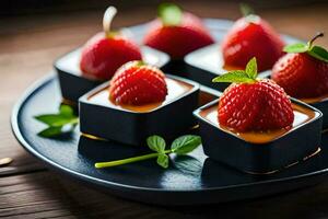four strawberries are on a black plate with mint leaves. AI-Generated photo