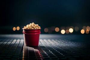 a red bucket filled with peanuts sitting on a table. AI-Generated photo