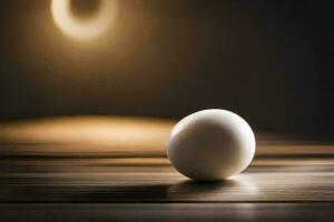 an egg on a table with a light behind it. AI-Generated photo