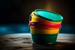 a stack of colorful buckets on a wooden table. AI-Generated photo