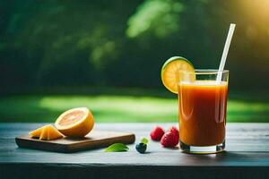 un vaso de naranja jugo con rebanadas de fruta. generado por ai foto