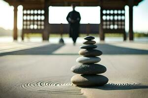 a stack of rocks in front of a person. AI-Generated photo