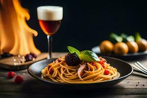 spaghetti with meat and berries on a plate. AI-Generated photo