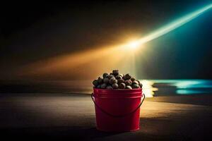 un Cubeta lleno con nueces en el playa. generado por ai foto