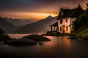 a house sits on the shore of a lake at sunset. AI-Generated photo