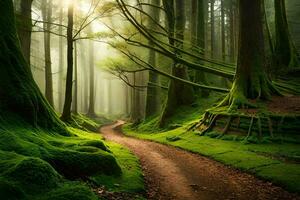 a path through a green forest with mossy trees. AI-Generated photo