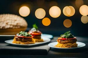 two plates with food on them, one with meat and one with vegetables. AI-Generated photo