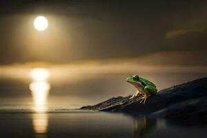 a frog sits on a rock in front of a full moon. AI-Generated photo