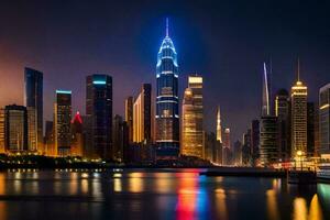 the city skyline at night with lights reflecting off the water. AI-Generated photo