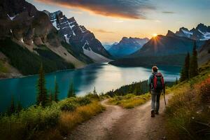 a man with a backpack walks along a trail in the mountains. AI-Generated photo