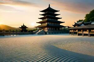 a pagoda in the middle of a sandy beach. AI-Generated photo