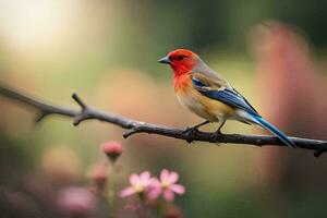 a colorful bird sits on a branch with pink flowers. AI-Generated photo