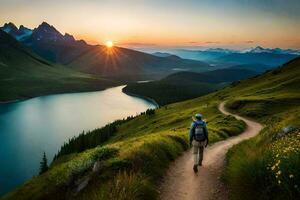 un hombre camina a lo largo un camino en el montañas a puesta de sol. generado por ai foto