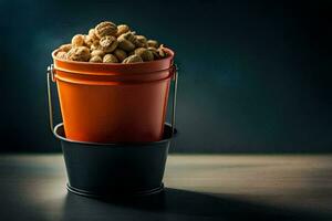 a bucket filled with peanuts on a table. AI-Generated photo