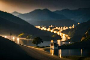 a road leading to a lake with lights on it. AI-Generated photo