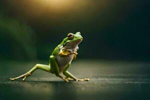 a frog is standing on its hind legs on a dark background. AI-Generated photo