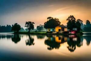 a house on a lake at sunrise. AI-Generated photo